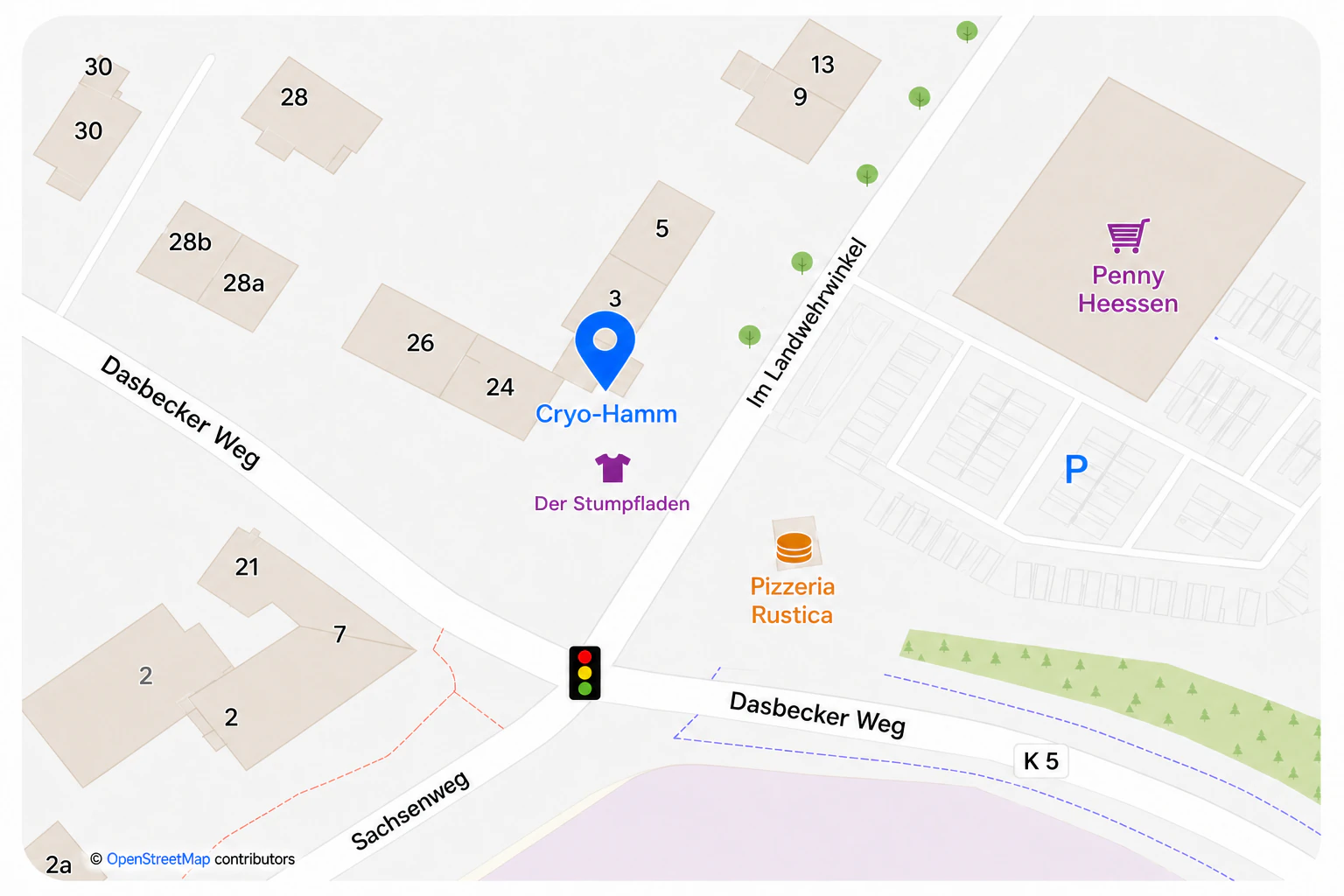 Lageplan von Cryo Hamm gegenüber von Penny am Standort Im Landwehrwinkel 1