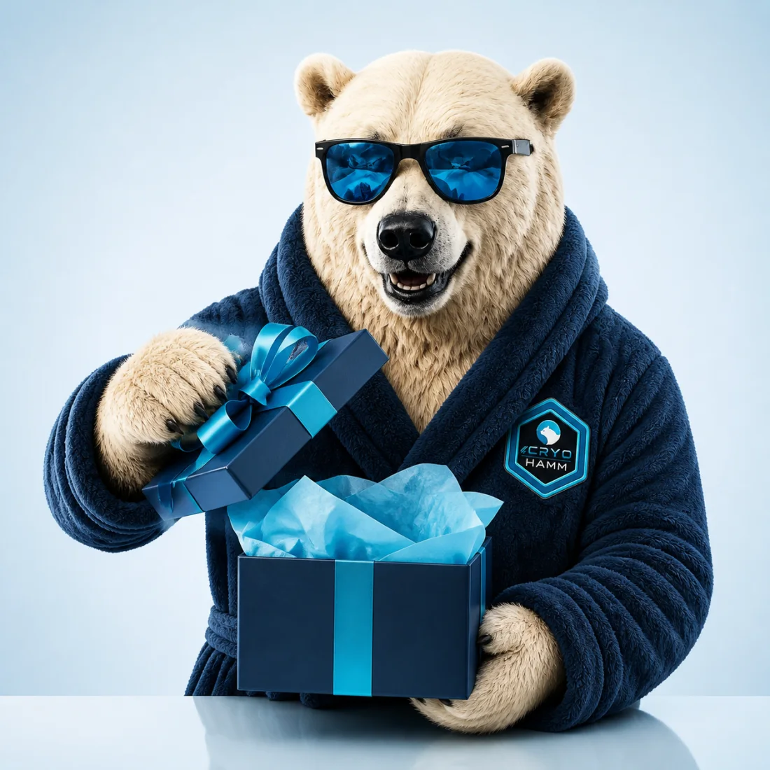 Cryo Hamm Eisbär öffnet ein blaues Geschenk
